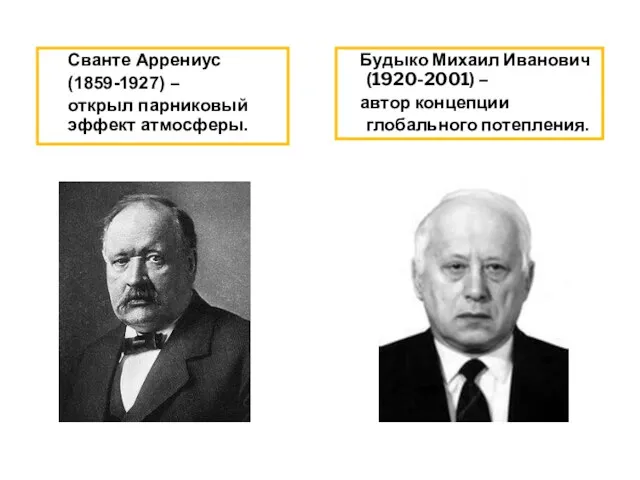 Сванте Аррениус (1859-1927) – открыл парниковый эффект атмосферы. Будыко Михаил Иванович (1920-2001) –