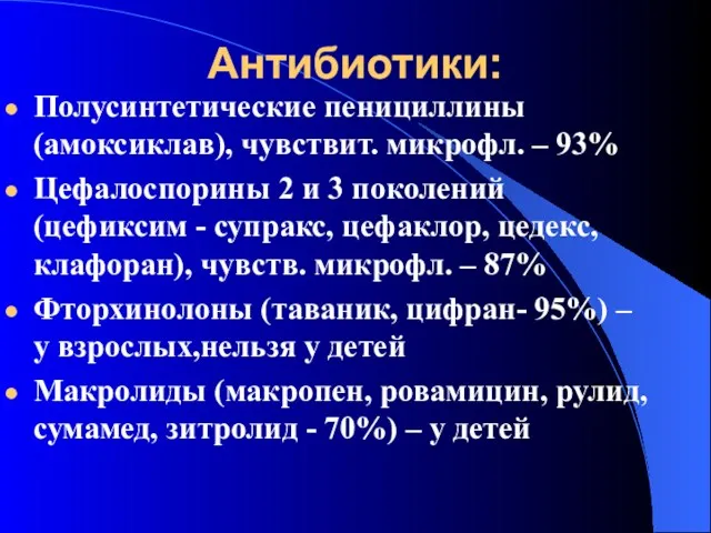 Антибиотики: Полусинтетические пенициллины (амоксиклав), чувствит. микрофл. – 93% Цефалоспорины 2