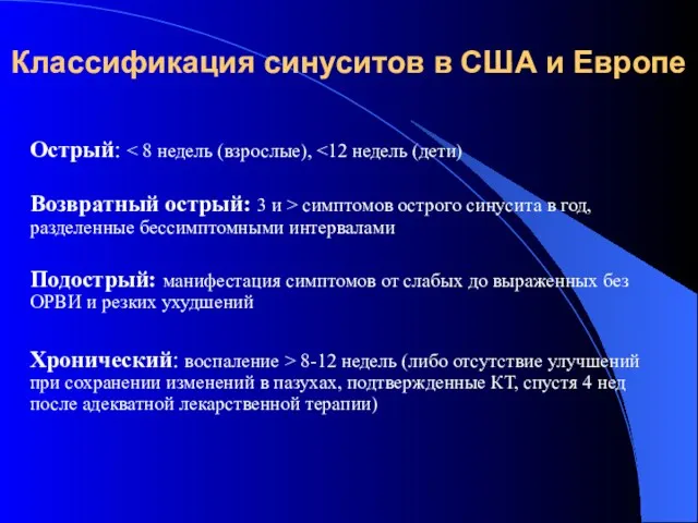 Классификация синуситов в США и Европе Острый: Возвратный острый: 3