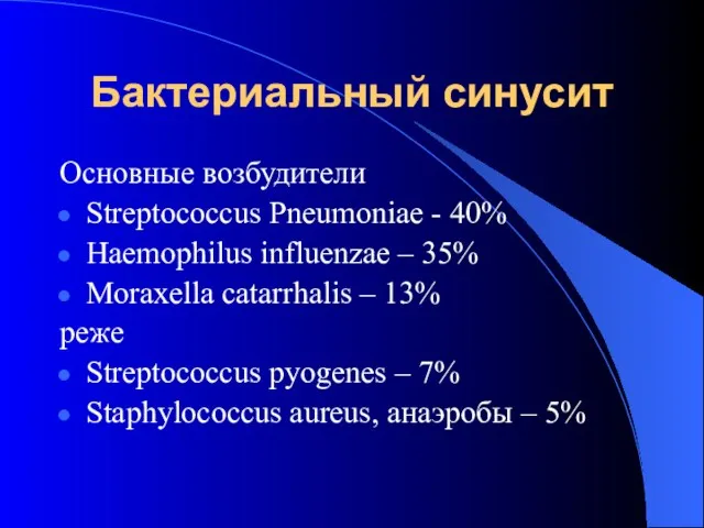 Бактериальный синусит Основные возбудители Streptococcus Pneumoniae - 40% Haemophilus influenzae