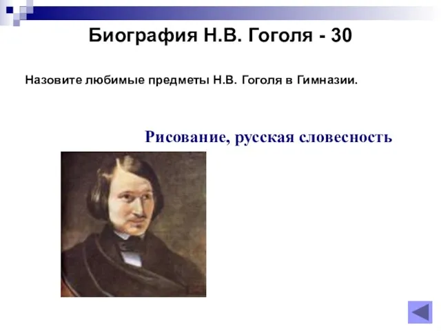 Биография Н.В. Гоголя - 30 Назовите любимые предметы Н.В. Гоголя в Гимназии. Рисование, русская словесность