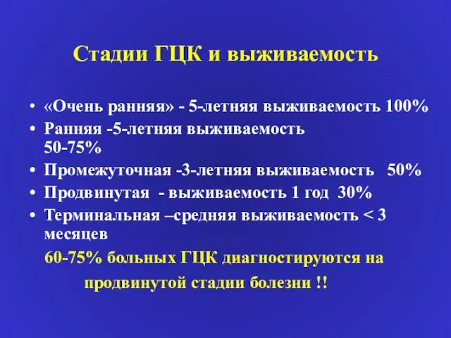 Стадии ГЦК и выживаемость «Очень ранняя» - 5-летняя выживаемость 100%