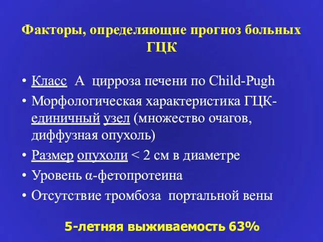 Факторы, определяющие прогноз больных ГЦК Класс А цирроза печени по