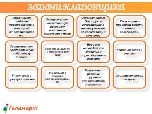 Организует рабочее пространство в зоне своей ответственности; Осуществляет качественную разгрузку