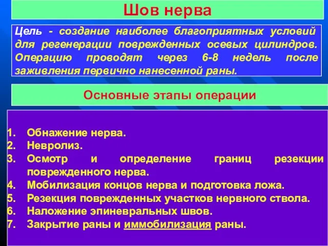 Шов нерва Цель - создание наиболее благоприятных условий для регенерации