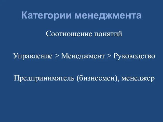 Категории менеджмента Соотношение понятий Управление > Менеджмент > Руководство Предприниматель (бизнесмен), менеджер