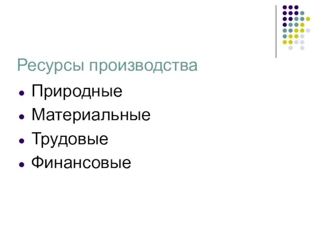 Ресурсы производства Природные Материальные Трудовые Финансовые