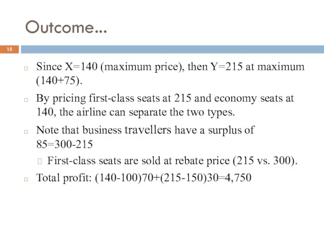 Outcome... Since X=140 (maximum price), then Y=215 at maximum (140+75).