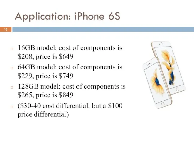 Application: iPhone 6S 16GB model: cost of components is $208,