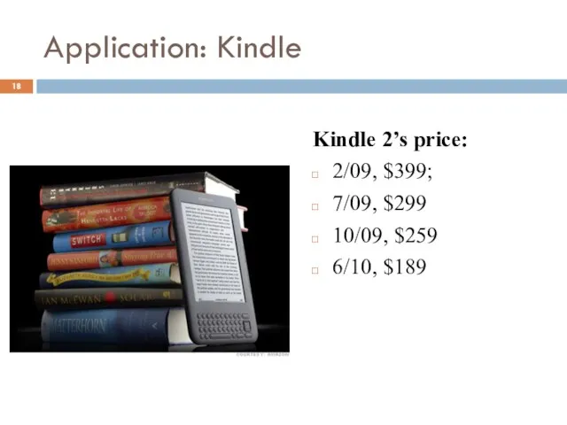 Application: Kindle Kindle 2’s price: 2/09, $399; 7/09, $299 10/09, $259 6/10, $189
