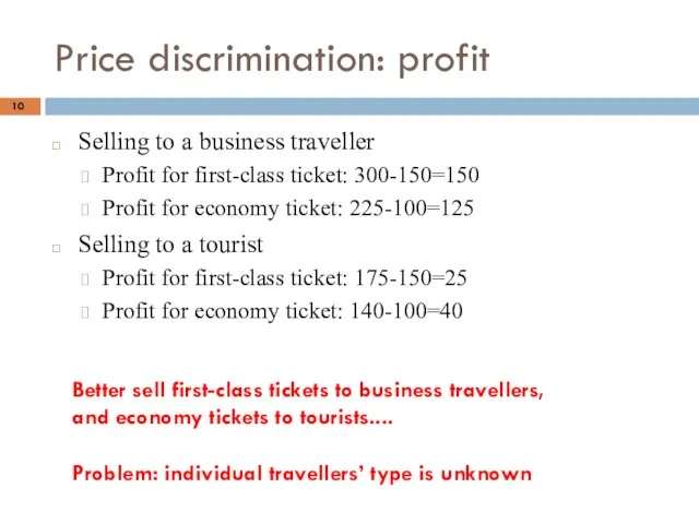 Price discrimination: profit Selling to a business traveller Profit for