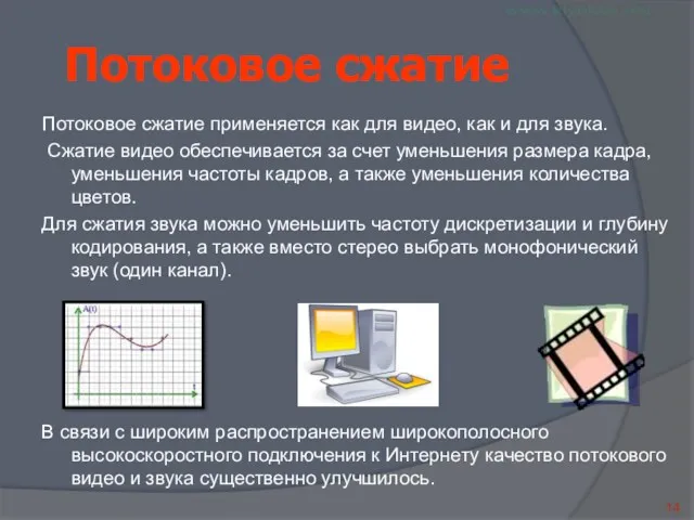 Потоковое сжатие Потоковое сжатие применяется как для видео, как и