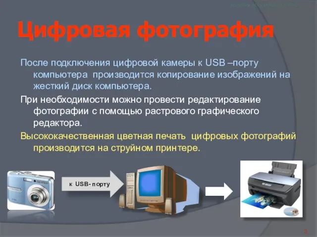 Цифровая фотография После подключения цифровой камеры к USB –порту компьютера