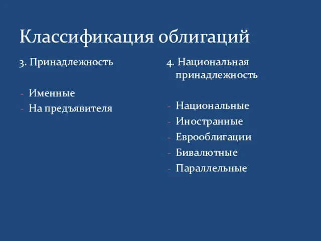 Классификация облигаций 3. Принадлежность Именные На предъявителя 4. Национальная принадлежность Национальные Иностранные Еврооблигации Бивалютные Параллельные