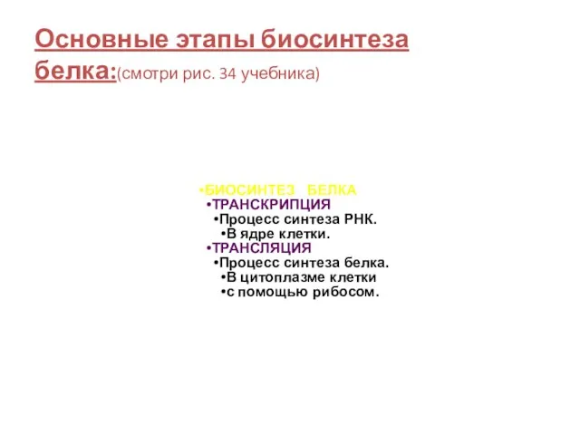 Основные этапы биосинтеза белка:(смотри рис. 34 учебника) БИОСИНТЕЗ БЕЛКА ТРАНСКРИПЦИЯ Процесс синтеза РНК.