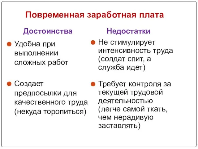 Повременная заработная плата Достоинства Недостатки Удобна при выполнении сложных работ Создает предпосылки для