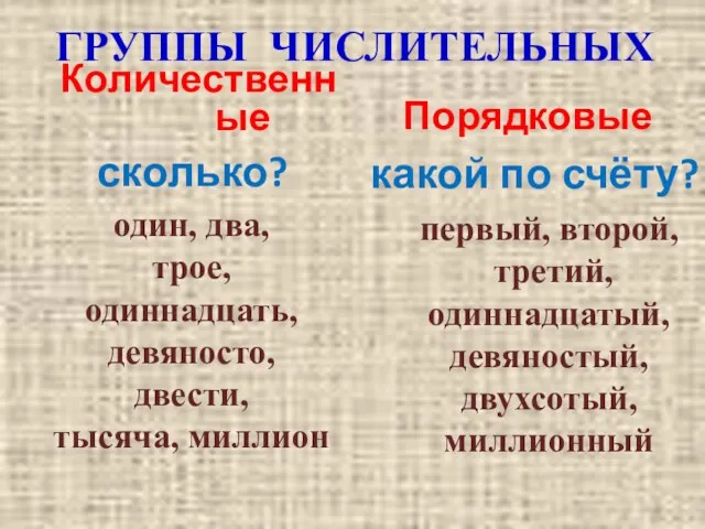 сколько? какой по счёту? ГРУППЫ ЧИСЛИТЕЛЬНЫХ Количественные один, два, трое,