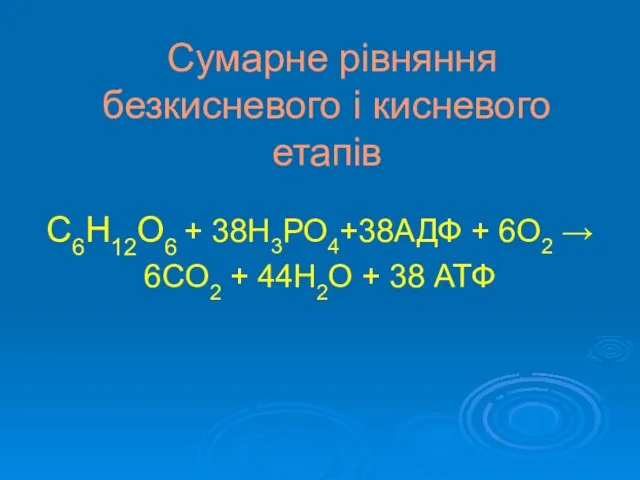 Сумарне рівняння безкисневого і кисневого етапів С6Н12О6 + 38Н3РО4+38АДФ +