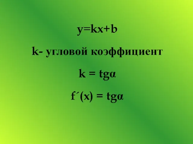 y=kx+b k- угловой коэффициент k = tgα f´(x) = tgα