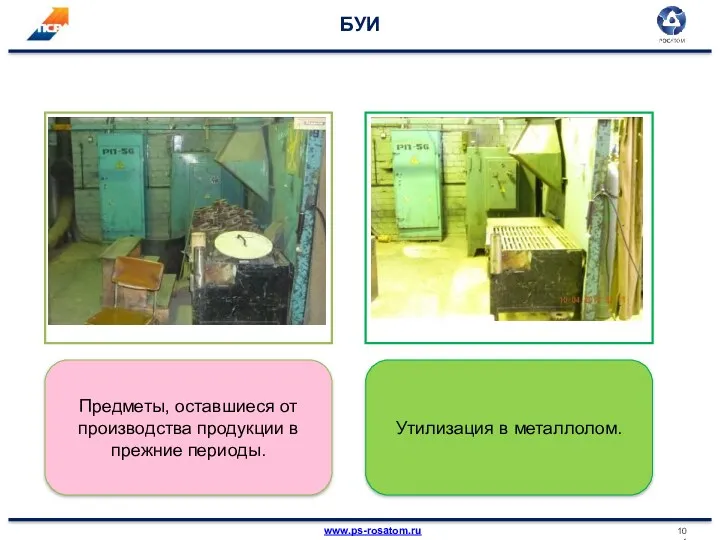 БУИ Предметы, оставшиеся от производства продукции в прежние периоды. Фото «было» Фото «стало» Утилизация в металлолом.