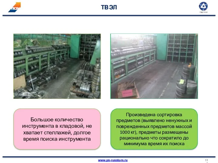 ТВЭЛ Большое количество инструмента в кладовой, не хватает стеллажей, долгое