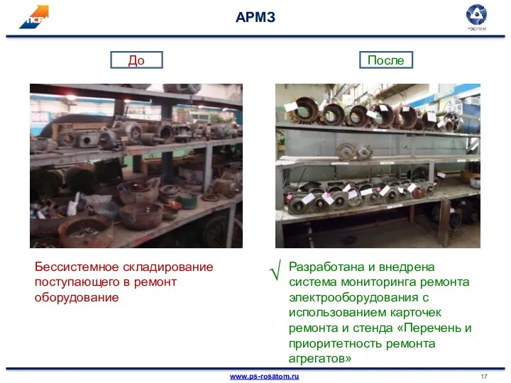 АРМЗ Бессистемное складирование поступающего в ремонт оборудование Разработана и внедрена