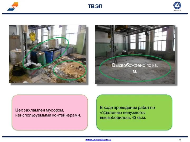 ТВЭЛ Цех захламлен мусором, неиспользуемыми контейнерами. В ходе проведения работ