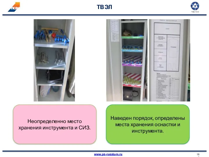 ТВЭЛ Неопределенно место хранения инструмента и СИЗ. Наведен порядок, определены места хранения оснастки и инструмента.