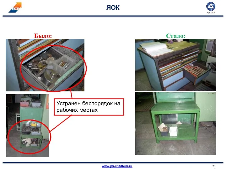 ЯОК Было: Стало: Устранен беспорядок на рабочих местах