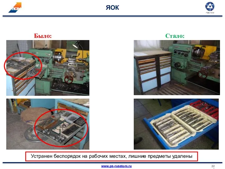 ЯОК Было: Стало: Устранен беспорядок на рабочих местах, лишние предметы удалены