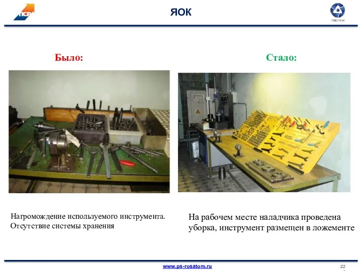 ЯОК Было: Стало: На рабочем месте наладчика проведена уборка, инструмент