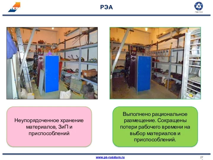 РЭА Неупорядоченное хранение материалов, ЗиП и приспособлений Выполнено рациональное размещение.