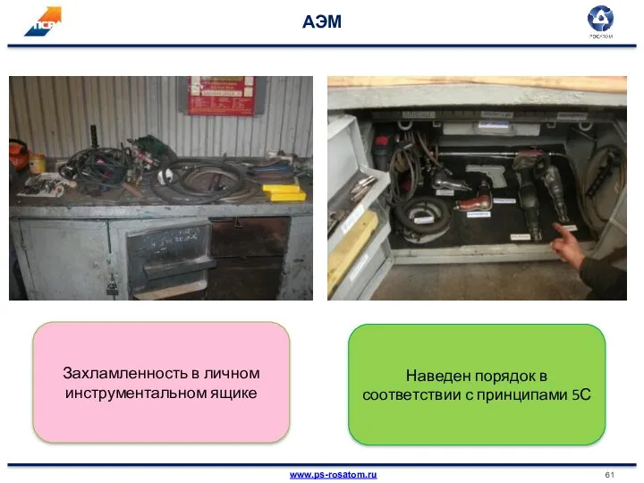 АЭМ Захламленность в личном инструментальном ящике Наведен порядок в соответствии с принципами 5С