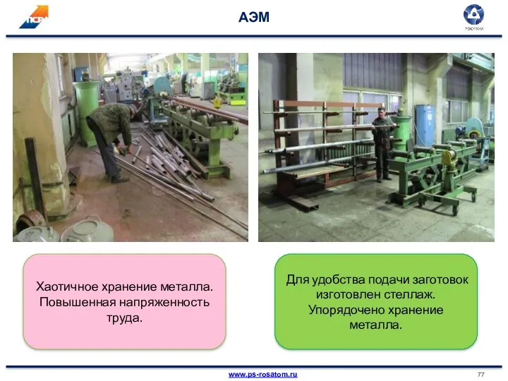 АЭМ Хаотичное хранение металла. Повышенная напряженность труда. Для удобства подачи заготовок изготовлен стеллаж. Упорядочено хранение металла.
