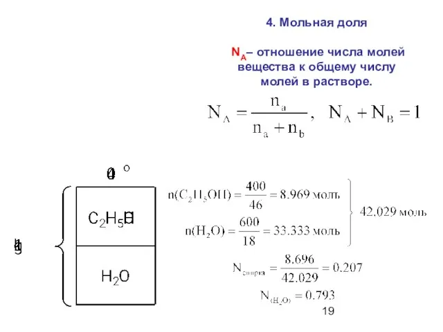 4. Мольная доля NA– отношение числа молей вещества к общему числу молей в растворе.