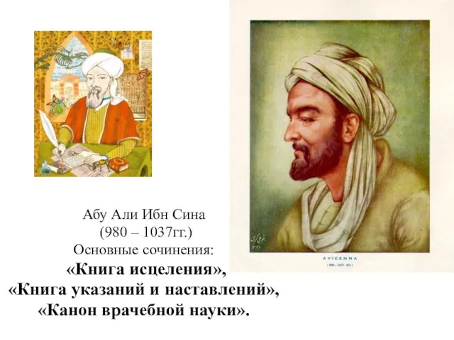 Абу Али Ибн Сина (980 – 1037гг.) Основные сочинения: «Книга