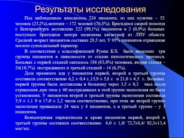 Результаты исследования Под наблюдением находилось 224 пациента, из них мужчин – 52 человек