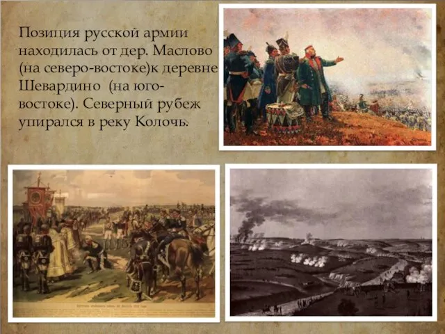 Позиция русской армии находилась от дер. Маслово (на северо-востоке)к деревне