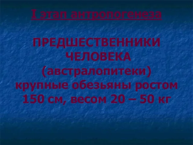 I этап антропогенеза ПРЕДШЕСТВЕННИКИ ЧЕЛОВЕКА (австралопитеки) крупные обезьяны ростом 150 см, весом 20 – 50 кг