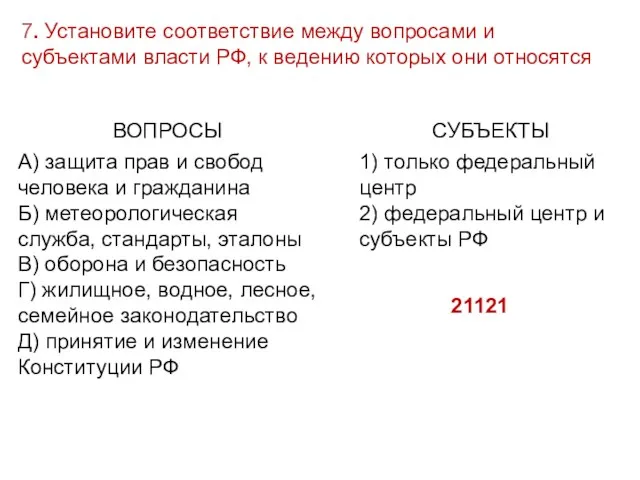 7. Установите соответствие между вопросами и субъектами власти РФ, к ведению которых они относятся 21121