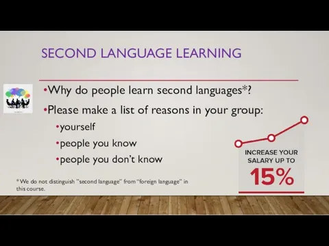 SECOND LANGUAGE LEARNING Why do people learn second languages*? Please make a list
