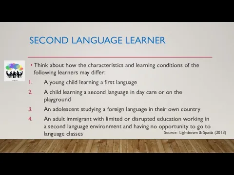 SECOND LANGUAGE LEARNER Think about how the characteristics and learning conditions of the