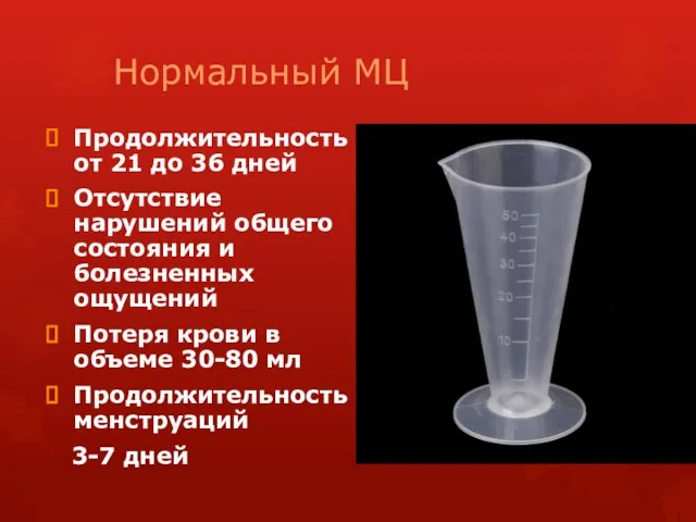 Нормальный МЦ Продолжительность от 21 до 36 дней Отсутствие нарушений