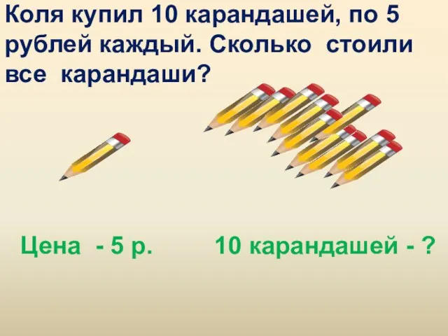 Коля купил 10 карандашей, по 5 рублей каждый. Сколько стоили все карандаши? Цена