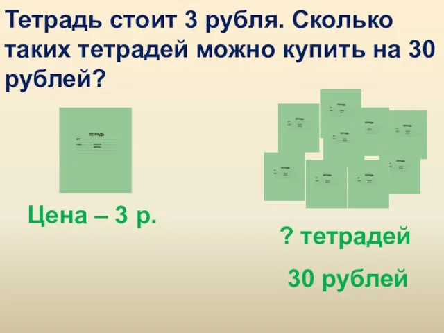 Тетрадь стоит 3 рубля. Сколько таких тетрадей можно купить на 30 рублей? Цена