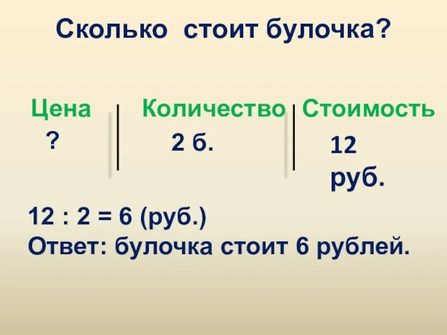 Сколько стоит булочка? Цена Количество Стоимость ? 2 б. 12