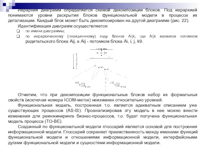 Иерархия диаграмм определяется схемой декомпозиции блоков. Под иерархией понимаются уровни