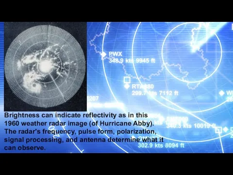 Brightness can indicate reflectivity as in this 1960 weather radar