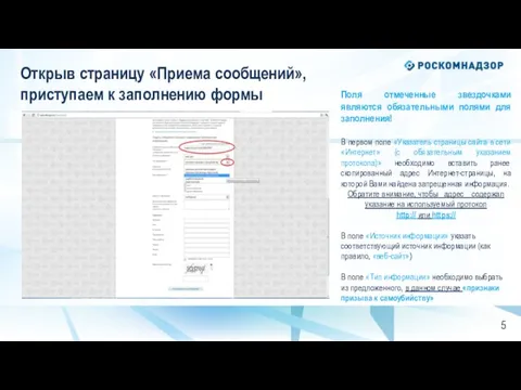 Открыв страницу «Приема сообщений», приступаем к заполнению формы Поля отмеченные