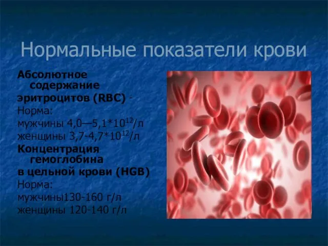 Нормальные показатели крови Абсолютное содержание эритроцитов (RBC) - Норма: мужчины